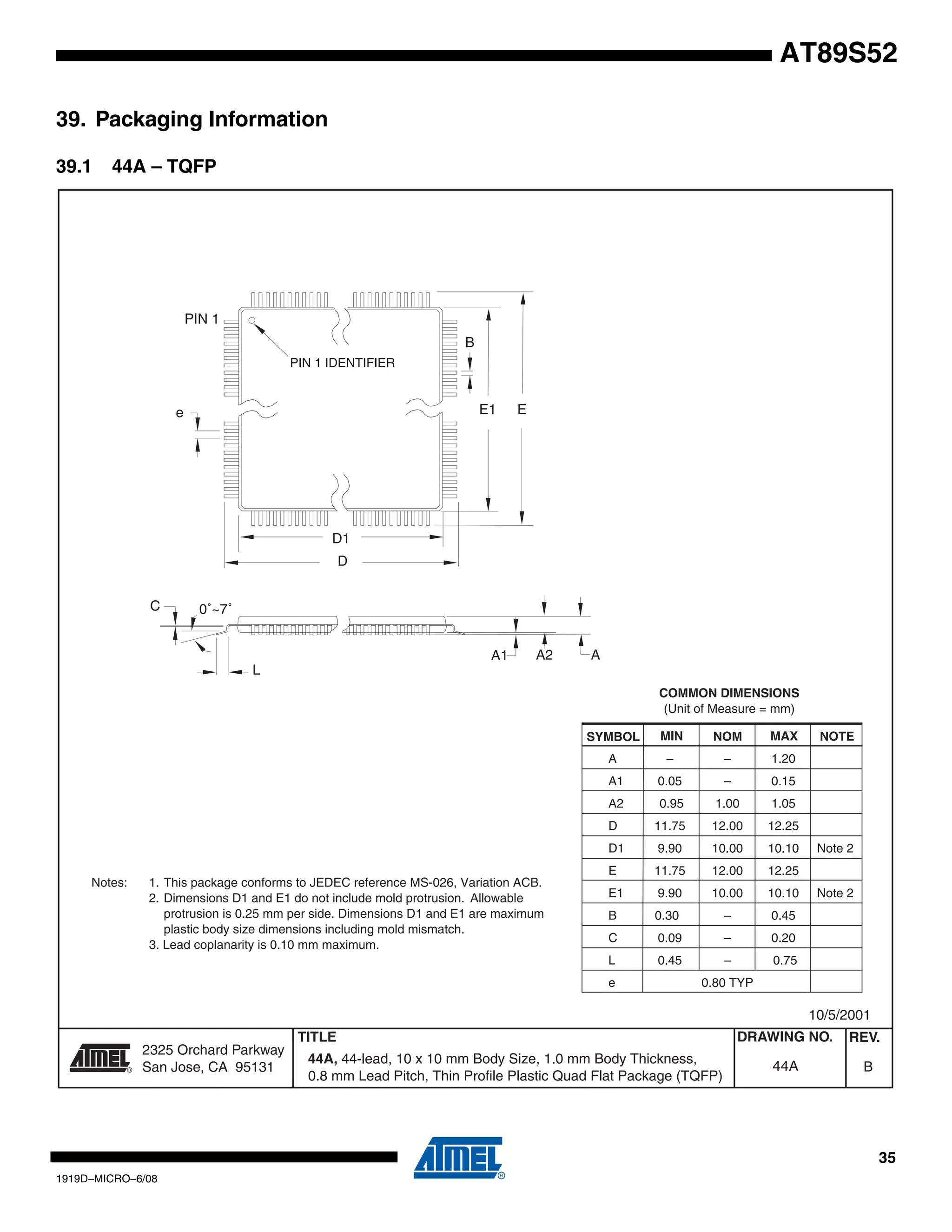 35
1919D–MICRO–6/08
AT89S52
39. Packaging Information
39.1 44A – TQFP
2325 Orchard Parkway
San Jose, CA 95131
TITLE DRAWING NO.
R
REV.
44A, 44-lead, 10 x 10 mm Body Size, 1.0 mm Body Thickness,
0.8 mm Lead Pitch, Thin Profile Plastic Quad Flat Package (TQFP)
B44A
10/5/2001
PIN 1 IDENTIFIER
0˚~7˚
PIN 1
L
C
A1 A2 A
D1
D
e E1 E
B
COMMON DIMENSIONS
(Unit of Measure = mm)
SYMBOL MIN NOM MAX NOTE
Notes: 1. This package conforms to JEDEC reference MS-026, Variation ACB.
2. Dimensions D1 and E1 do not include mold protrusion. Allowable
protrusion is 0.25 mm per side. Dimensions D1 and E1 are maximum
plastic body size dimensions including mold mismatch.
3. Lead coplanarity is 0.10 mm maximum.
A – – 1.20
A1 0.05 – 0.15
A2 0.95 1.00 1.05
D 11.75 12.00 12.25
D1 9.90 10.00 10.10 Note 2
E 11.75 12.00 12.25
E1 9.90 10.00 10.10 Note 2
B 0.30 – 0.45
C 0.09 – 0.20
L 0.45 – 0.75
e 0.80 TYP
 