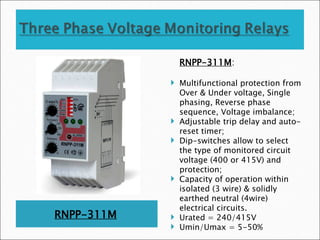 RNPP-311M
RNPP-311M:
 Multifunctional protection from
Over & Under voltage, Single
phasing, Reverse phase
sequence, Voltage imbalance;
 Adjustable trip delay and auto-
reset timer;
 Dip-switches allow to select
the type of monitored circuit
voltage (400 or 415V) and
protection;
 Capacity of operation within
isolated (3 wire) & solidly
earthed neutral (4wire)
electrical circuits.
 Urated = 240/415V
 Umin/Umax = 5-50%
 