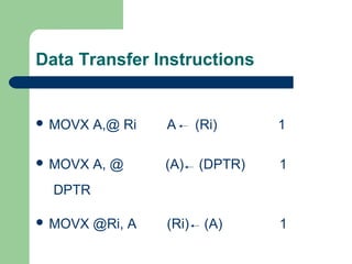 Data Transfer Instructions
 MOVX A,@ Ri A (Ri) 1
 MOVX A, @ (A) (DPTR) 1
 MOVX @Ri, A (Ri) (A) 1
DPTR
 
