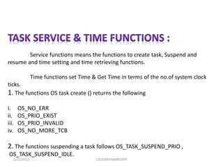 Service functions means the functions to create task, Suspend and
resume and time setting and time retrieving functions.
Time functions set Time & Get Time in terms of the no.of system clock
ticks.
1. The functions OS task create () returns the following
i. OS_NO_ERR
ii. OS_PRIO_EXIST
iii. OS_PRIO_INVALID
iv. OS_NO_MORE_TCB
2. The functions suspending a task follows OS_TASK_SUSPEND_PRIO ,
OS_TASK_SUSPEND_IDLE.
1/25/2015 J.SUDARSHANREDDY
 