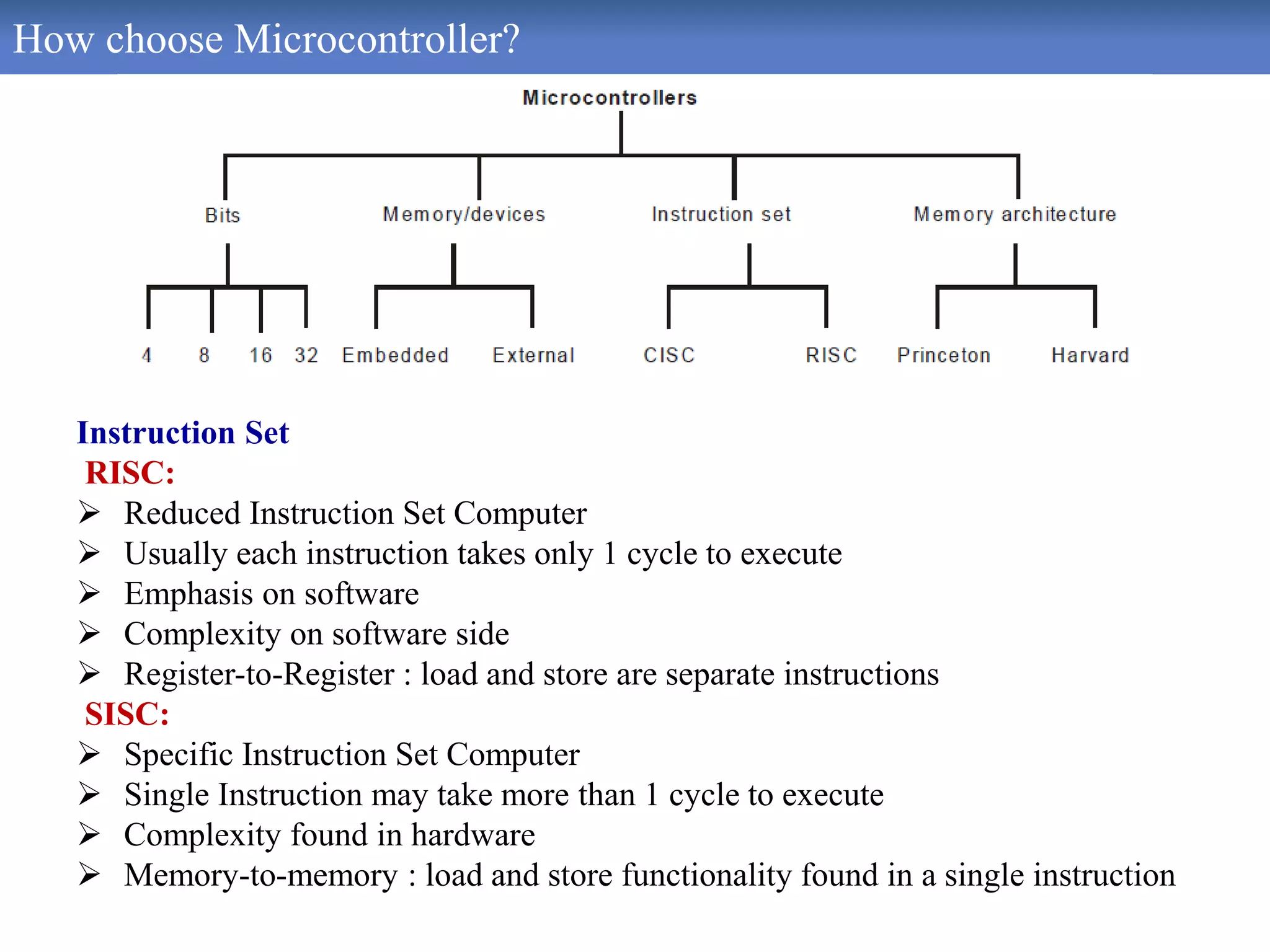 How choose Microcontroller?
Instruction Set
RISC:
 Reduced Instruction Set Computer
 Usually each instruction takes only 1 cycle to execute
 Emphasis on software
 Complexity on software side
 Register-to-Register : load and store are separate instructions
SISC:
 Specific Instruction Set Computer
 Single Instruction may take more than 1 cycle to execute
 Complexity found in hardware
 Memory-to-memory : load and store functionality found in a single instruction
 