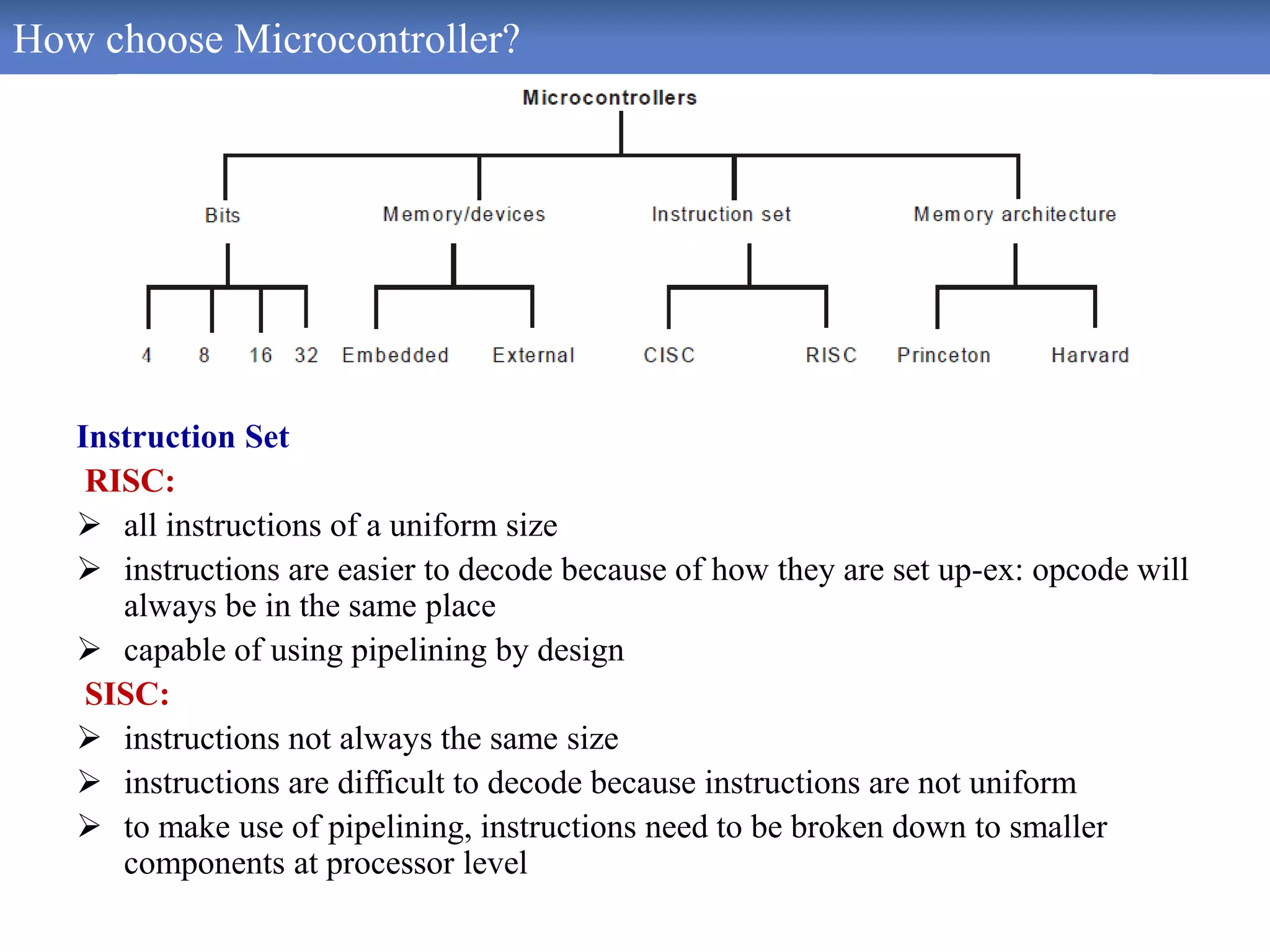 How choose Microcontroller?
Instruction Set
RISC:
 all instructions of a uniform size
 instructions are easier to decode because of how they are set up-ex: opcode will
always be in the same place
 capable of using pipelining by design
SISC:
 instructions not always the same size
 instructions are difficult to decode because instructions are not uniform
 to make use of pipelining, instructions need to be broken down to smaller
components at processor level
 