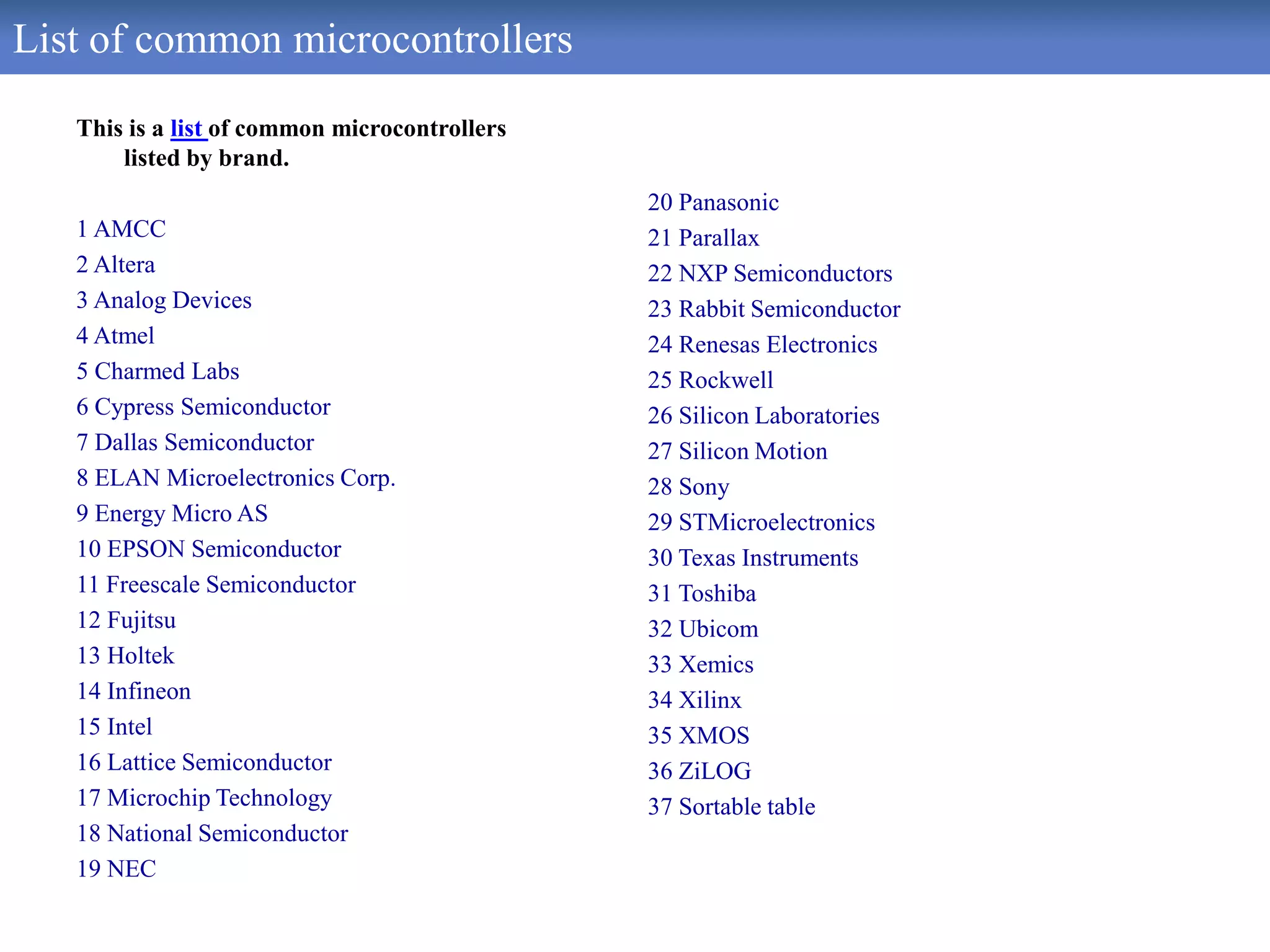 List of common microcontrollers
This is a list of common microcontrollers
listed by brand.
1 AMCC
2 Altera
3 Analog Devices
4 Atmel
5 Charmed Labs
6 Cypress Semiconductor
7 Dallas Semiconductor
8 ELAN Microelectronics Corp.
9 Energy Micro AS
10 EPSON Semiconductor
11 Freescale Semiconductor
12 Fujitsu
13 Holtek
14 Infineon
15 Intel
16 Lattice Semiconductor
17 Microchip Technology
18 National Semiconductor
19 NEC
20 Panasonic
21 Parallax
22 NXP Semiconductors
23 Rabbit Semiconductor
24 Renesas Electronics
25 Rockwell
26 Silicon Laboratories
27 Silicon Motion
28 Sony
29 STMicroelectronics
30 Texas Instruments
31 Toshiba
32 Ubicom
33 Xemics
34 Xilinx
35 XMOS
36 ZiLOG
37 Sortable table
 