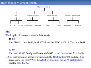 How choose Microcontroller?
Bits
The lengths of microprocessor’s data words.
- 16-bit
EX: PDP-11, Intel 8086, Intel 80286 and the WDC 65C816. The Intel 8088
- 32-bit
EX: Intel 80960 family and Motorola M683xx and Intel/Atmel 251 family.
-32-bit instruction set architectures include the IBM System/360 and its 32-bit
successors, the DEC VAX, the ARM architecture, the MIPS architecture,
and the Intel IA-32.
 