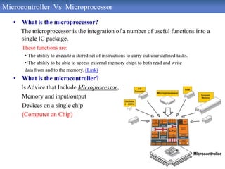 Microcontroller Vs Microprocessor
• What is the microprocessor?
The microprocessor is the integration of a number of useful functions into a
single IC package.
These functions are:
• The ability to execute a stored set of instructions to carry out user defined tasks.
• The ability to be able to access external memory chips to both read and write
data from and to the memory. (Link)
• What is the microcontroller?
Is Advice that Include Microprocessor,
Memory and input/output
Devices on a single chip
(Computer on Chip)
 