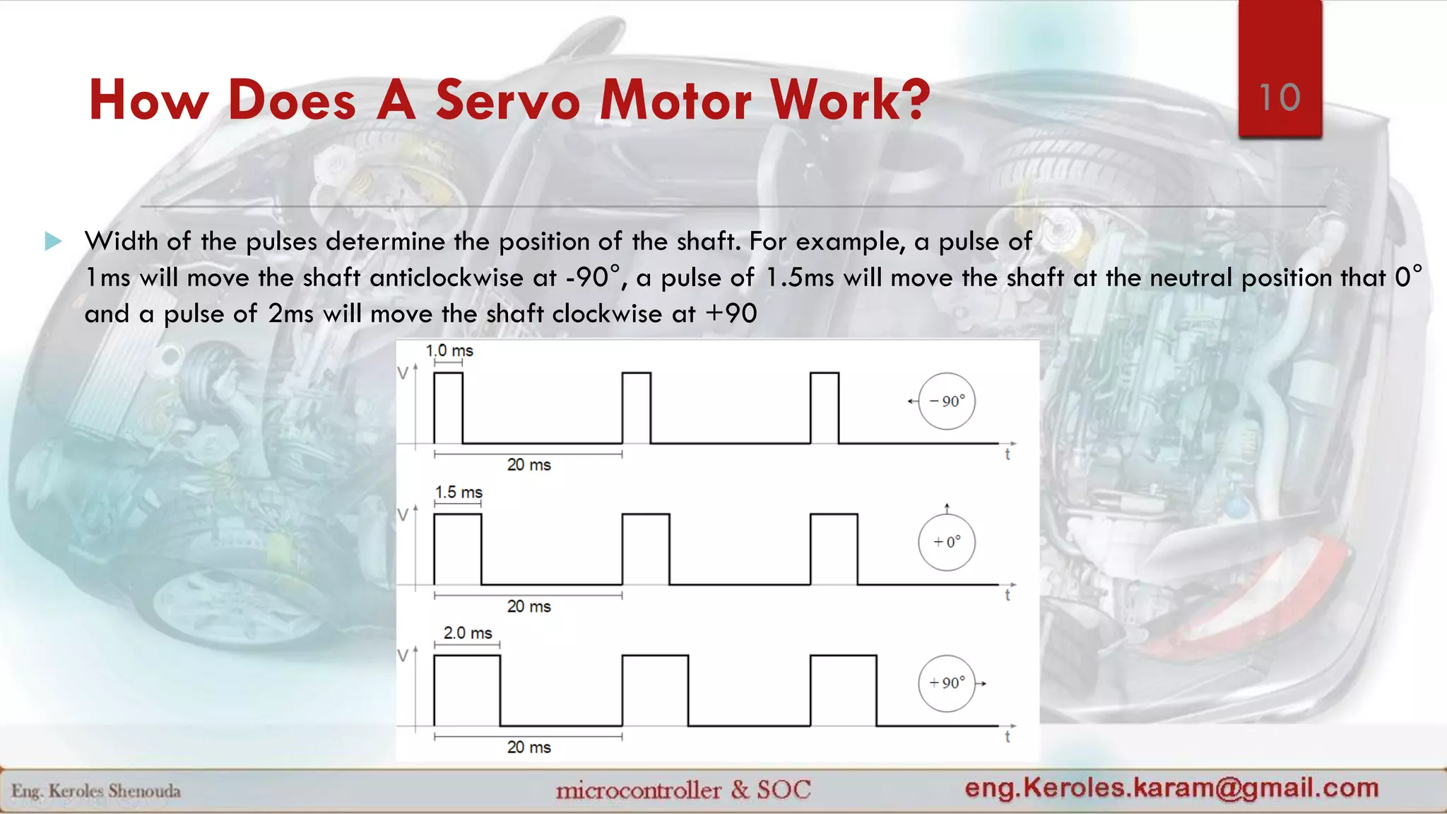 How Does A Servo Motor Work?
 Width of the pulses determine the position of the shaft. For example, a pulse of
1ms will move the shaft anticlockwise at -90°, a pulse of 1.5ms will move the shaft at the neutral position that 0°
and a pulse of 2ms will move the shaft clockwise at +90
10
 