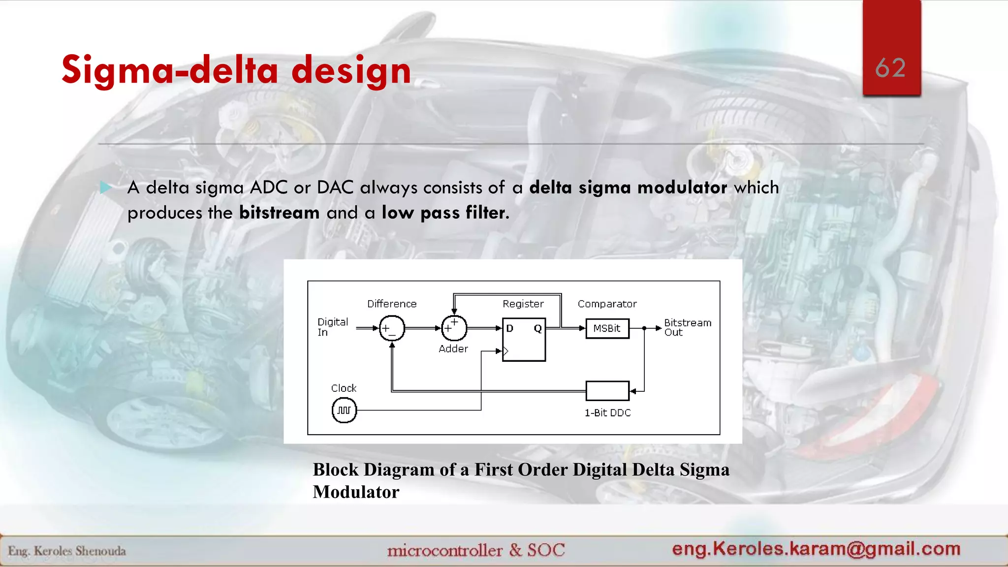 Sigma-delta design
 A delta sigma ADC or DAC always consists of a delta sigma modulator which
produces the bitstream and a low pass filter.
Block Diagram of a First Order Digital Delta Sigma
Modulator
62
 
