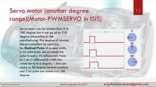 Servo motor (another degree
range)(Motor-PWMSERVO in ISIS)
 Servo motor can be rotated from 0 to
180 degree, but it can go up to 210
degree, depending on the
manufacturing. This degree of rotation
can be controlled by applying
the Electrical Pulse of proper width,
to its Control pin. Servo checks the
pulse in every 20 milliseconds. Pulse
of 1 ms (1 millisecond) width can
rotate servo to 0 degree, 1.5ms can
rotate to 90 degree (neutral position)
and 2 ms pulse can rotate it to 180
degree.
12
 