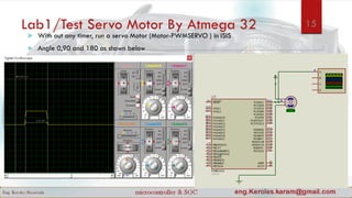 Lab1/Test Servo Motor By Atmega 32
 With out any timer, run a servo Motor (Motor-PWMSERVO ) in ISIS
 Angle 0,90 and 180 as shown below
15
 