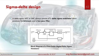 Sigma-delta design
 A delta sigma ADC or DAC always consists of a delta sigma modulator which
produces the bitstream and a low pass filter.
Block Diagram of a First Order Digital Delta Sigma
Modulator
62
 