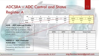 ADCSRA – ADC Control and Status
Register A
ADIE – ADC Interrupt Enable –
When this bit is set to ‘1’, the
ADC interrupt is enabled. This is
used in the case of interrupt-
driven ADC.
ADPS2:0 – ADC Prescaler
Select Bits – The prescaler
(division factor between XTAL
frequency and the ADC clock
frequency)
75
 