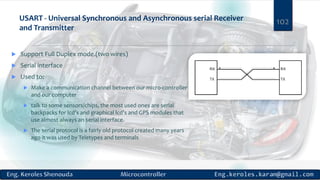USART - Universal Synchronous and Asynchronous serial Receiver
and Transmitter
 Support Full Duplex mode.(two wires)
 Serial interface
 Used to:
 Make a communication channel between our micro-controller
and our computer
 talk to some sensors/chips, the most used ones are serial
backpacks for lcd’s and graphical lcd’s and GPS modules that
use almost always an serial interface.
 The serial protocol is a fairly old protocol created many years
ago it was used by Teletypes and terminals
102
 