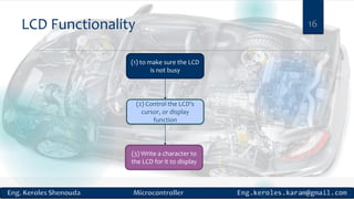 LCD Functionality 16
(1) to make sure the LCD
is not busy
(2) Control the LCD's
cursor, or display
function
(3) Write a character to
the LCD for it to display
 