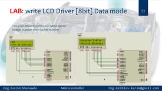 LAB: write LCD Driver [8bit] Data mode 22
Test your driver by print your name and an
integer number then double number
 