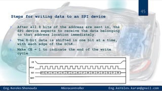 Steps for writing data to an SPI device
3. After all 8 bits of the address are sent in, the
SPI device expects to receive the data belonging
to that address location immediately.
4. The 8-bit data is shifted in one bit at a time,
with each edge of the SCLK.
5. Make CE = 1 to indicate the end of the write
cycle
45
 