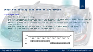 Steps for reading data from an SPI device
Single-byte read
1. Make CE = 0 to begin reading.
2. The 8-bit address is shifted in one bit at a time, with each edge of SCLK. Notice that A7
= 0 for the read operation, and the A7 bit goes in first.
3. After all 8 bits of the address are sent in, the SPI device sends out data belonging to
that location.
4. The 8-bit data is shifted out one bit at a time, with each edge of the SCLK.
5. Make CE = 1 to indicate the end of the read cycle
48
 