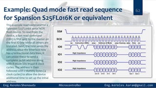 Example: Quad mode fast read sequence
for Spansion S25FL016K or equivalent
62
This example read command for a
Spansion S25FL016K serial NOR
flash device. To read from the
device, a fast read command
(EBh) is first sent by the master on
the first IO line while all others are
tristated. Next, the host sends the
address; since the interface now
has 4 bidirectional data lines, it
can utilize these to send a
complete 24-bit address along
with 8 mode bits in just 8 clock
cycles. The address is then
followed with 2 dummy bytes (4
clock cycles) to allow the device
additional time to set up the initial
address.
 