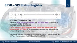 SPSR – SPI Status Register 69
Bit 7 – SPIF: SPI Interrupt Flag
1. When a serial transfer is complete, the SPIF Flag is set. An interrupt is
generated if SPIE in SPCR is set
and global interrupts are enabled.
2. If SS is an input and is driven low when the SPI is in Master mode, this
will also set the SPIF Flag. SPIF is cleared by hardware when executing the
corresponding interrupt handling vector.
Alternatively, the SPIF bit is cleared by first reading the SPI Status Register with
SPIF set, then accessing the SPI Data Register (SPDR)
 