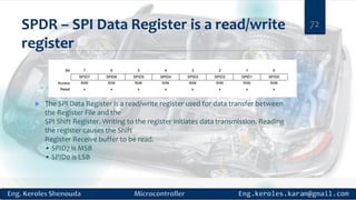 SPDR – SPI Data Register is a read/write
register
 The SPI Data Register is a read/write register used for data transfer between
the Register File and the
SPI Shift Register. Writing to the register initiates data transmission. Reading
the register causes the Shift
Register Receive buffer to be read.
• SPID7 is MSB
• SPID0 is LSB
72
 