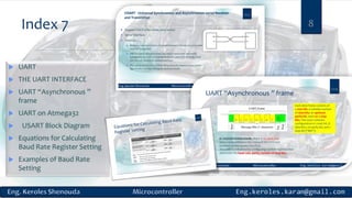 Index 7 8
 UART
 THE UART INTERFACE
 UART “Asynchronous ”
frame
 UART on Atmega32
 USART Block Diagram
 Equations for Calculating
Baud Rate Register Setting
 Examples of Baud Rate
Setting
 