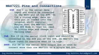 MAX7221 Pins and Connections
DIN: Pin 1 is the serial data
input and should be connected
to the MOSI pin of the AVR. On
CLK's rising edge, data on
this pin is loaded into the
internal shift register.
Notice that the MAX7221 uses
the SPI Mode 0, that is, read
on rising edge and change on
falling edge..
CLK: Pin 13 is the serial clock input and should be
connected to the SCK pin of the AVR. On MAX7221 the
clock input is inactive when CS is high.
DOUT: Pin 24 is the serial data output and is used to
connect more than one MAX7221 to a single SPI bus.
89
 