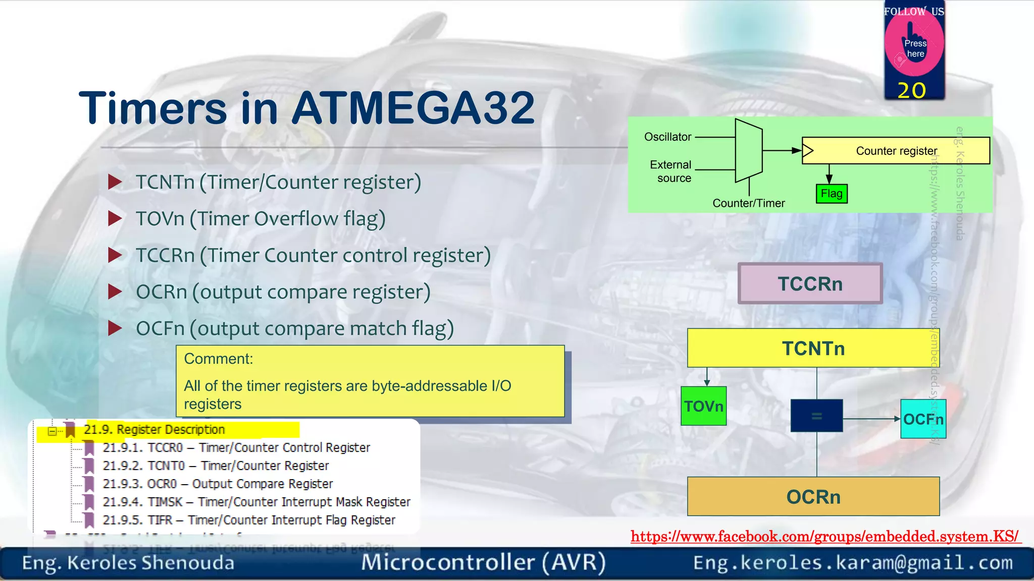 https://www.facebook.com/groups/embedded.system.KS/ Follow us Press here Timers in ATMEGA32  TCNTn (Timer/Counter register)  TOVn (Timer Overflow flag)  TCCRn (Timer Counter control register)  OCRn (output compare register)  OCFn (output compare match flag) 20 Flag Counter register External source Oscillator Counter/Timer TCNTn TCCRn TOVn OCRn = OCFn Comment: All of the timer registers are byte-addressable I/O registers 