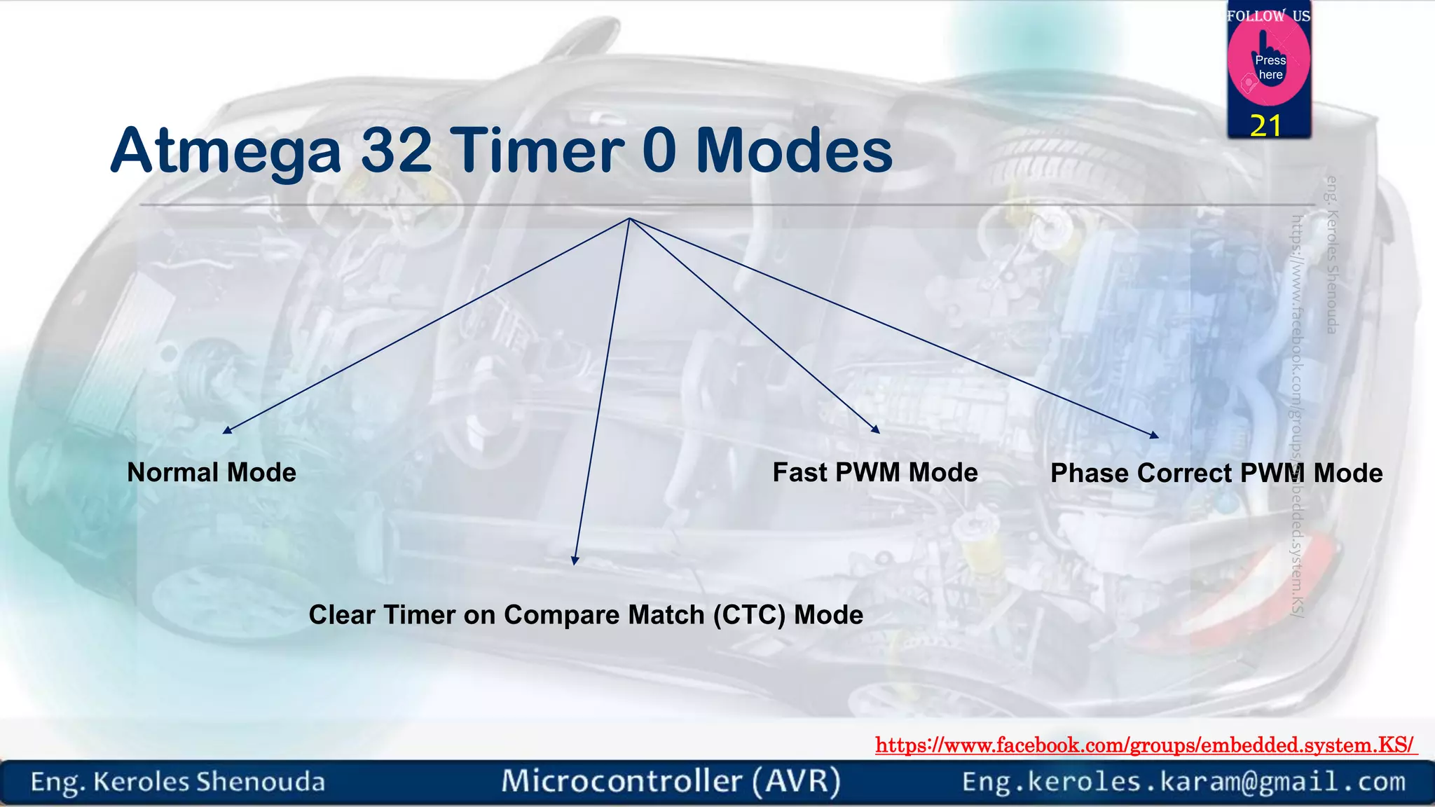 https://www.facebook.com/groups/embedded.system.KS/ Follow us Press here Atmega 32 Timer 0 Modes Normal Mode Clear Timer on Compare Match (CTC) Mode Fast PWM Mode Phase Correct PWM Mode 21 
