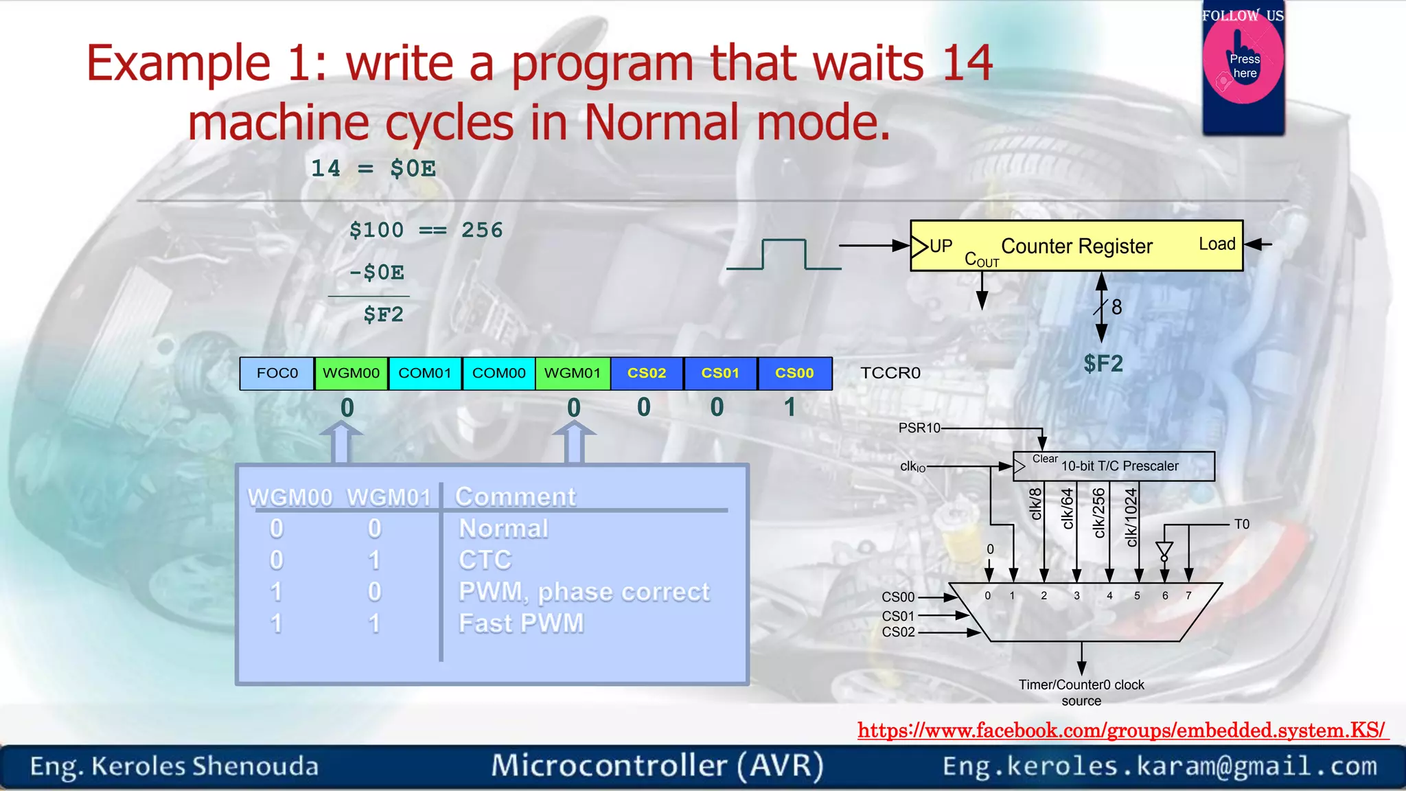 https://www.facebook.com/groups/embedded.system.KS/ Follow us Press here $100 == 256 -$0E $F2 14 = $0E COM01WGM00FOC0 COM00 CS02 CS01 CS00 TCCR0WGM01 0 0 10 0 Counter Register COUT UP Load 8 $F2 10-bit T/C Prescaler Clear 0 CS00 CS01 CS02 T0 clkIO PSR10 Timer/Counter0 clock source clk/1024 clk/256 clk/64 clk/8 0 1 2 3 4 5 6 7 