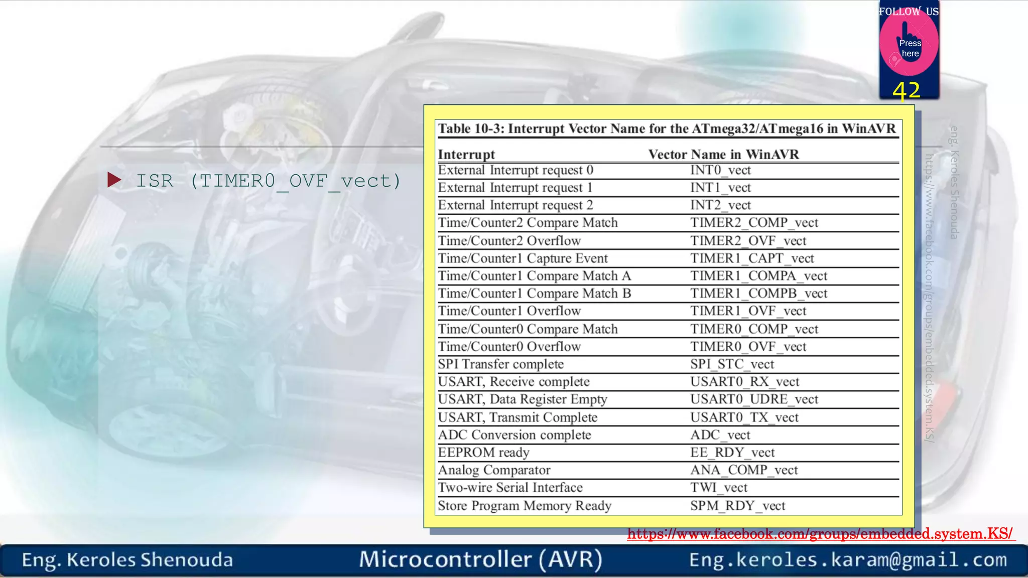 https://www.facebook.com/groups/embedded.system.KS/ Follow us Press here  ISR (TIMER0_OVF_vect) //ISR for Timer0 overflow 42 