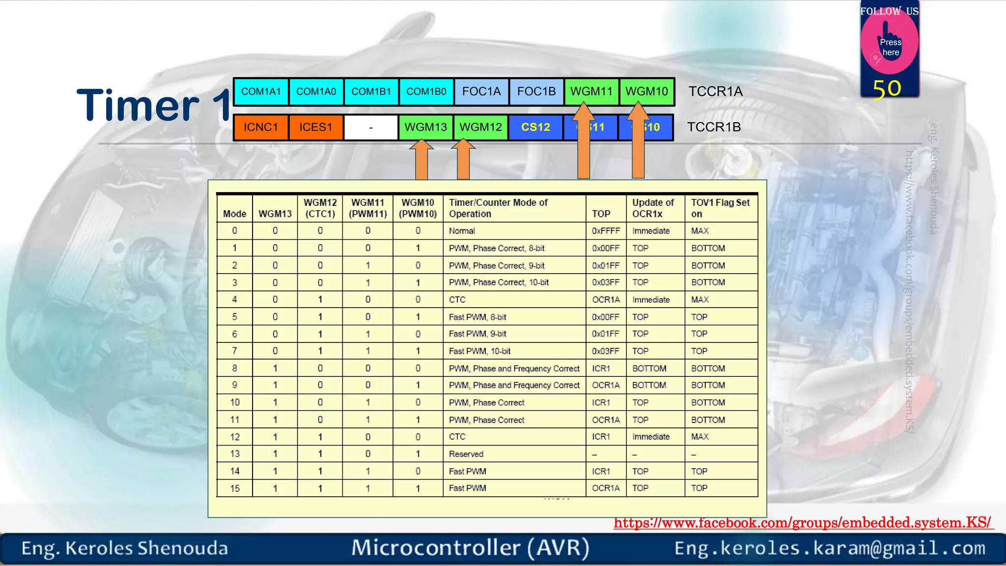 https://www.facebook.com/groups/embedded.system.KS/ Follow us Press here Timer 1 WGM13 CS12 CS11 CS10WGM12ICNC1 ICES1 - TCCR1B COM1B1 WGM11FOC1BCOM1B0 WGM10FOC1ACOM1A0COM1A1 TCCR1A 50 