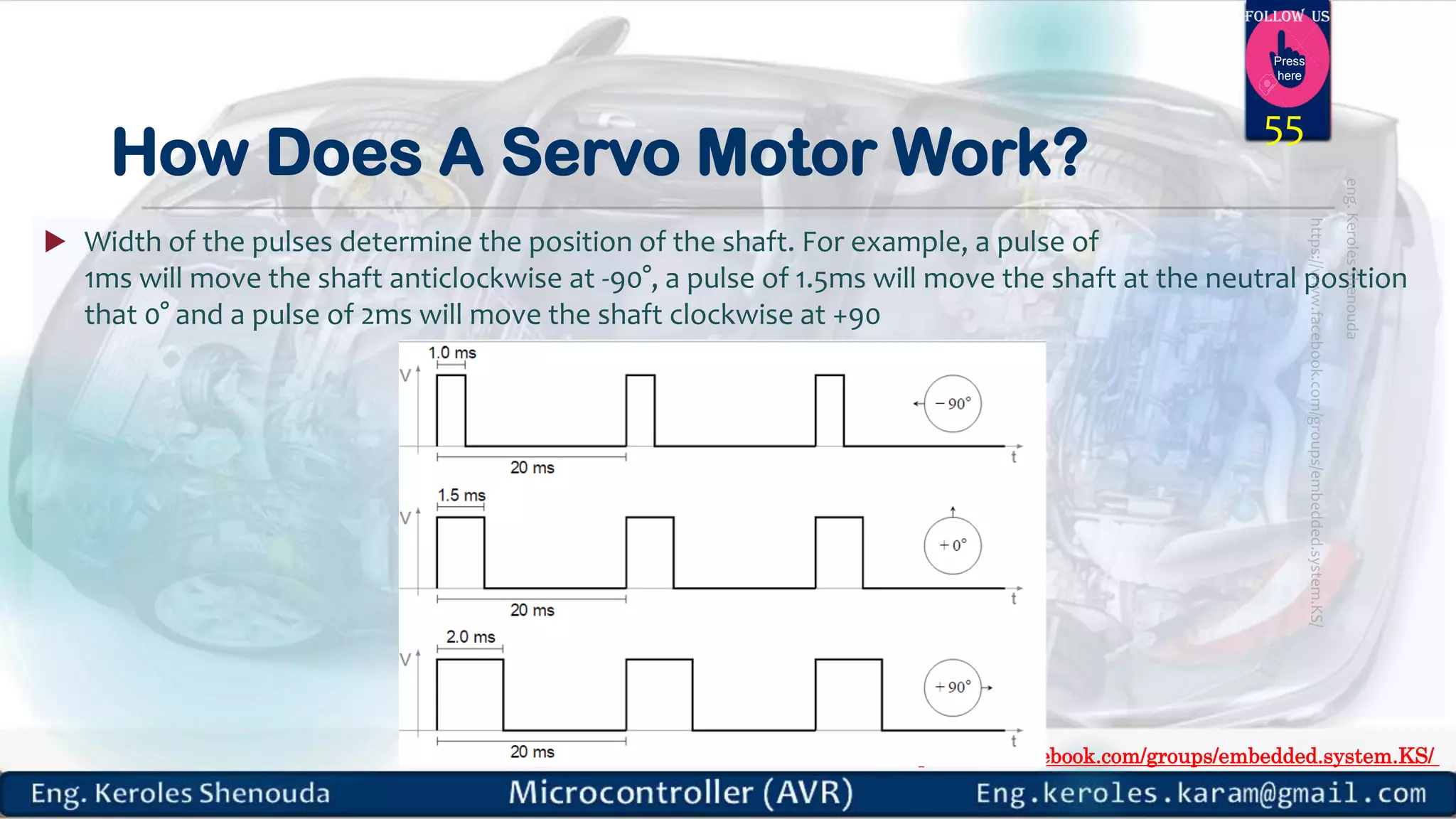 https://www.facebook.com/groups/embedded.system.KS/ Follow us Press here How Does A Servo Motor Work?  Width of the pulses determine the position of the shaft. For example, a pulse of 1ms will move the shaft anticlockwise at -90°, a pulse of 1.5ms will move the shaft at the neutral position that 0° and a pulse of 2ms will move the shaft clockwise at +90 55 