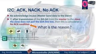 https://www.facebook.com/groups/embedded.system.KS/
Follow us
Press
here
#LEARN_IN DEPTH
#Be_professional_in
embedded_system
I2C: ACK, NACK, No ACK
 No acknowledge incase (Master Send data to the Slave)
 If, after transmission of the 8th bit from the master to the slave,
the slave does not pull the SDA line low, then this is considered a
No ACK condition
25
What is the reason ?
 