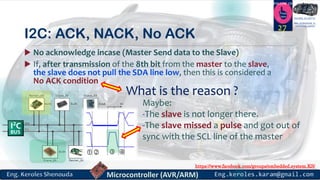 https://www.facebook.com/groups/embedded.system.KS/
Follow us
Press
here
#LEARN_IN DEPTH
#Be_professional_in
embedded_system
I2C: ACK, NACK, No ACK
 No acknowledge incase (Master Send data to the Slave)
 If, after transmission of the 8th bit from the master to the slave,
the slave does not pull the SDA line low, then this is considered a
No ACK condition
27
What is the reason ?
Maybe:
-The slave is not longer there.
-The slave missed a pulse and got out of
sync with the SCL line of the master
 