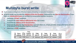 https://www.facebook.com/groups/embedded.system.KS/
Follow us
Press
here
#LEARN_IN DEPTH
#Be_professional_in
embedded_system
Multibyte burst write
 Burst mode writing is an effective means of loading consecutive locations
 In burst mode, we provide the address of the first location, followed by the data for that location. From
then on, consecutive bytes are written to consecutive memory locations.
1. Generate a START condition.
2. Transmit the slave address followed by zero (for write).
3. Transmit the address of the first location.
4. Transmit the data for the first location and from then on, simply provide consecutive bytes of data
to be placed in consecutive memory locations.
5. Generate a STOP condition.
41
 