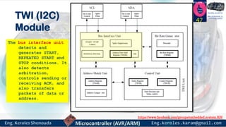 https://www.facebook.com/groups/embedded.system.KS/
Follow us
Press
here
#LEARN_IN DEPTH
#Be_professional_in
embedded_systemTWI (I2C)
Module
47
The bus interface unit
detects and
generates START,
REPEATED START and
STOP conditions. It
also detects
arbitration,
controls sending or
receiving ACK, and
also transfers
packets of data or
address.
 