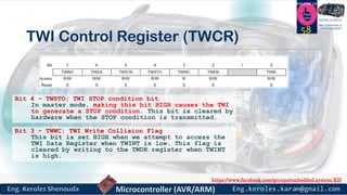 https://www.facebook.com/groups/embedded.system.KS/
Follow us
Press
here
#LEARN_IN DEPTH
#Be_professional_in
embedded_system
TWI Control Register (TWCR)
58
Bit 4 - TWSTO: TWI STOP condition bit
In master mode, making this bit HIGH causes the TWI
to generate a STOP condition. This bit is cleared by
hardware when the STOP condition is transmitted.
Bit 3 - TWWC: TWI Write Collision Flag
This bit is set HIGH when we attempt to access the
TWI Data Register when TWINT is low. This flag is
cleared by writing to the TWDR register when TWINT
is high.
 