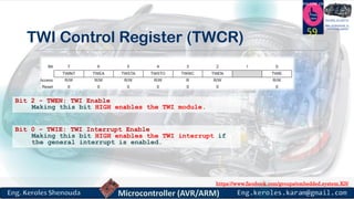 https://www.facebook.com/groups/embedded.system.KS/
Follow us
Press
here
#LEARN_IN DEPTH
#Be_professional_in
embedded_system
TWI Control Register (TWCR)
59
Bit 2 - TWEN: TWI Enable
Making this bit HIGH enables the TWI module.
Bit 0 - TWIE: TWI Interrupt Enable
Making this bit HIGH enables the TWI interrupt if
the general interrupt is enabled.
 