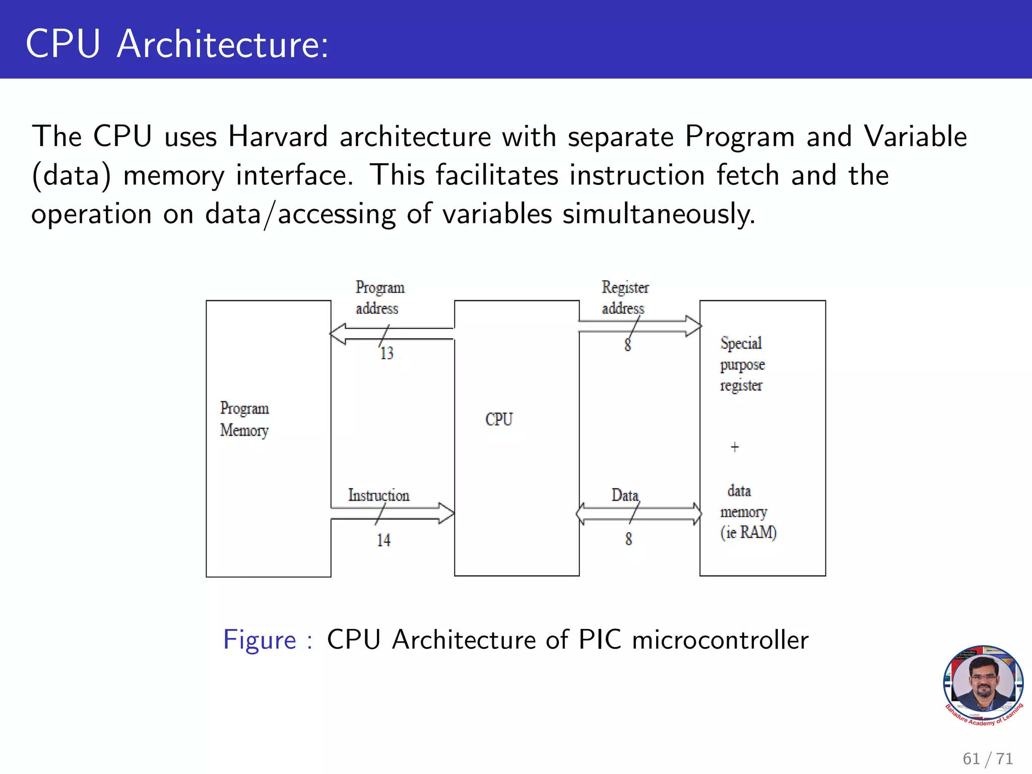 CPU Architecture:
The CPU uses Harvard architecture with separate Program and Variable
(data) memory interface. This facilitates instruction fetch and the
operation on data/accessing of variables simultaneously.
Figure : CPU Architecture of PIC microcontroller
61 / 71
 