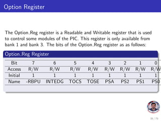 Option Register
The Option Reg register is a Readable and Writable register that is used
to control some modules of the PIC. This register is only available from
bank 1 and bank 3. The bits of the Option Reg register as as follows:
Option Reg Register
Bit 7 6 5 4 3 2 1 0
Access R/W R/W R/W R/W R/W R/W R/W R/W
Initial 1 1 1 1 1 1 1 1
Name -RBPU INTEDG TOCS TOSE PSA PS2 PS1 PS0
39 / 79
 