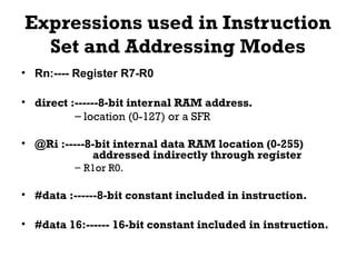 Expressions used in Instruction
Set and Addressing Modes
• Rn:---- Register R7-R0
• direct :------8-bit internal RAM address.
– location (0-127) or a SFR
• @Ri :-----8-bit internal data RAM location (0-255)
addressed indirectly through register
– R1or R0.
• #data :------8-bit constant included in instruction.
• #data 16:------ 16-bit constant included in instruction.
 