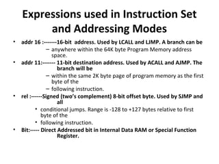 Expressions used in Instruction Set
and Addressing Modes
• addr 16 :-------16-bit address. Used by LCALL and LJMP. A branch can be
– anywhere within the 64K byte Program Memory address
space.
• addr 11:------- 11-bit destination address. Used by ACALL and AJMP. The
branch will be
– within the same 2K byte page of program memory as the first
byte of the
– following instruction.
• rel :------Signed (two’s complement) 8-bit offset byte. Used by SJMP and
all
• conditional jumps. Range is -128 to +127 bytes relative to first
byte of the
• following instruction.
• Bit:----- Direct Addressed bit in Internal Data RAM or Special Function
Register.
 