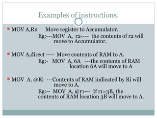 Examples of instructions.
MOV A,Rn Move register to Accumulator.
Eg:---MOV A, r2---- the contents of r2 will
move to Accumulator.
MOV A,direct ---- Move contents of RAM to A.
Eg:- MOV A, 6A ---the contents of RAM
location 6A will move to A
MOV A, @Ri ---Contents of RAM indicated by Ri will
move to A.
Eg:-- MOV A, @r1--- If r1=3B, the
contents of RAM location 3B will move to A.
 