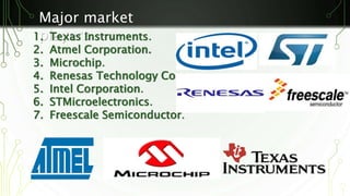 Major market 
1p. lTaeyxeasr sInstruments. 
2. Atmel Corporation. 
3. Microchip. 
4. Renesas Technology Corp. 
5. Intel Corporation. 
6. STMicroelectronics. 
7. Freescale Semiconductor. 
 