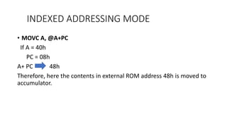 INDEXED ADDRESSING MODE
• MOVC A, @A+PC
If A = 40h
PC = 08h
A+ PC 48h
Therefore, here the contents in external ROM address 48h is moved to
accumulator.
 