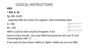 AND
• ANL A, #n
Eg: ANL A,#25
Logically AND the value of A register with immediate data.
A– 10h
#n– 25h
AND is used to clear any bit of register. If we
want to clear any bit , we must AND that particular bit and ‘0’ and
remaining bits with ‘1’.
If we want to clear lower nibble or higher nibble we can use AND.
LOGICAL INSTRUCTIONS
 