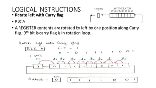 LOGICAL INSTRUCTIONS
• Rotate left with Carry flag
• RLC A
• A REGISTER contents are rotated by left by one position along Carry
flag. 9th bit is carry flag is in rotation loop.
 