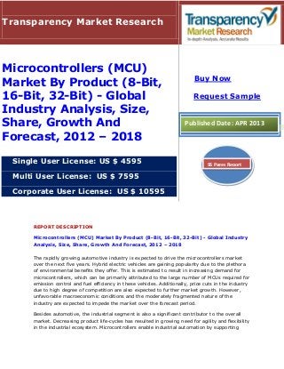REPORT DESCRIPTION
Microcontrollers (MCU) Market By Product (8-Bit, 16-Bit, 32-Bit) - Global Industry
Analysis, Size, Share, Growth And Forecast, 2012 – 2018
The rapidly growing automotive industry is expected to drive the microcontrollers market
over the next five years. Hybrid electric vehicles are gaining popularity due to the plethora
of environmental benefits they offer. This is estimated to result in increasing demand for
microcontrollers, which can be primarily attributed to the large number of MCUs required for
emission control and fuel efficiency in these vehicles. Additionally, price cuts in the industry
due to high degree of competition are also expected to further market growth. However,
unfavorable macroeconomic conditions and the moderately fragmented nature of the
industry are expected to impede the market over the forecast period.
Besides automotive, the industrial segment is also a significant contributor to the overall
market. Decreasing product life-cycles has resulted in growing need for agility and flexibility
in the industrial ecosystem. Microcontrollers enable industrial automation by supporting
Transparency Market Research
Microcontrollers (MCU)
Market By Product (8-Bit,
16-Bit, 32-Bit) - Global
Industry Analysis, Size,
Share, Growth And
Forecast, 2012 – 2018
Single User License: US $ 4595
Multi User License: US $ 7595
Corporate User License: US $ 10595
Buy Now
Request Sample
Published Date: APR 2013
96 Pages Report
 