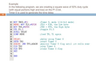 Example
In the following program, we are creating a square wave of 50% duty cycle
(with equal portions high and low) on the P1.5 bit.
Timer 0 is used to generate the time delay
15
 