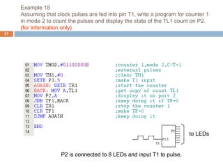 Example 18
Assuming that clock pulses are fed into pin T1, write a program for counter 1
in mode 2 to count the pulses and display the state of the TL1 count on P2.
(for information only)
P2 is connected to 8 LEDs and input T1 to pulse.
to LEDs
31
 