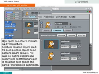 Prof. Michele MaffucciCC-BY-SA
Micro corso di Scratch programmiamo
animiamo gli sprite
Ogni sprite può essere costituito
d...